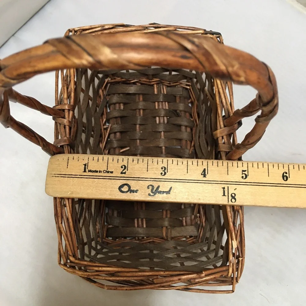 Woven Wicker Basket Unisex Small Brown Rustic Rectangular Handle Cottagecore